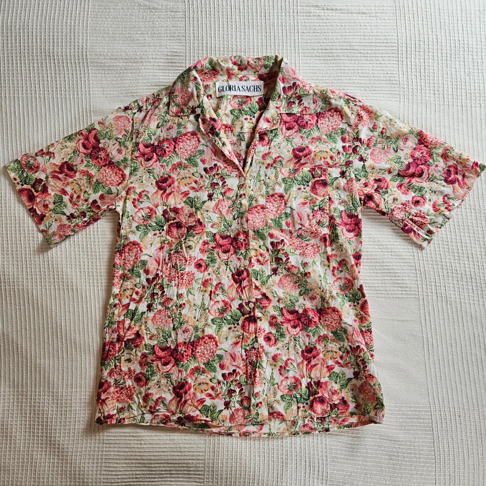 Vintage Gloria Sachs Floral Spring Garden Button AOP Short Sleeve Shirt Women M